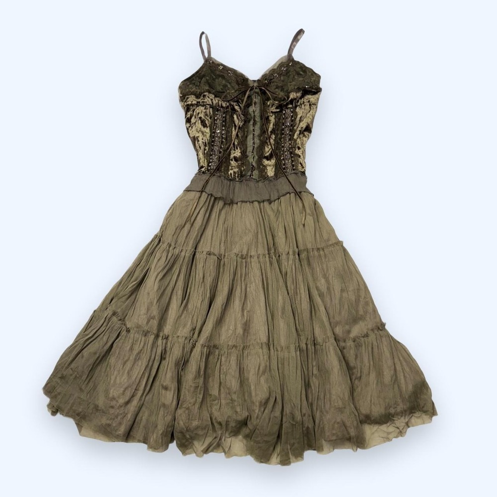 NC Italy Olive Green Velvet Beaded Lace Corset Midi Dress Fairycore Y2K S M